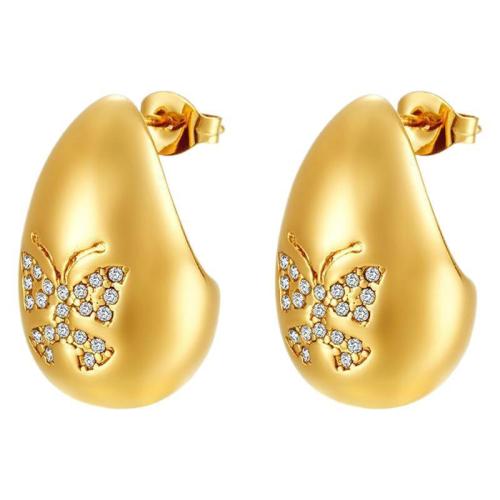 Stainless Steel Stud Earrings, 304 Stainless Steel, Teardrop, Vacuum Ion Plating, fashion jewelry & micro pave cubic zirconia & for woman, more colors for choice, 14x21.60mm, Sold By Pair