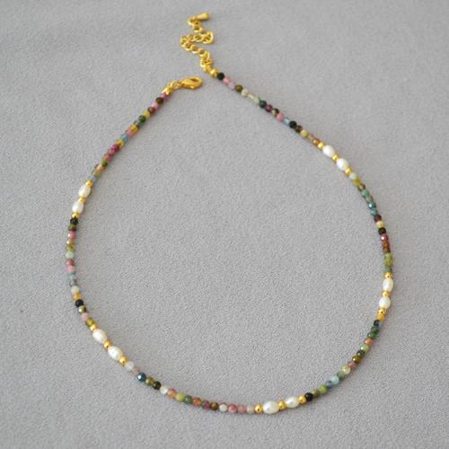 Natural Gemstone Necklace, with Freshwater Pearl, with 3cm extender chain, fashion jewelry, mixed colors, Length:39 cm, Sold By PC