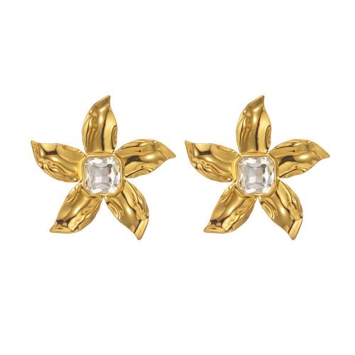 Stainless Steel Stud Earrings, 304 Stainless Steel, with Cubic Zirconia, Flower, plated, fashion jewelry & for woman, golden, Sold By Pair