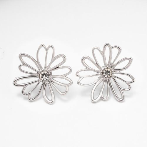 Stainless Steel Stud Earrings, 304 Stainless Steel, Flower, Vacuum Ion Plating, for woman & with rhinestone & hollow, more colors for choice, 26x24mm, Sold By Pair