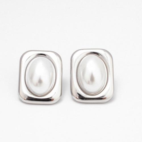 Stainless Steel Stud Earrings, 304 Stainless Steel, with Plastic Pearl, Vacuum Ion Plating, fashion jewelry & for woman, more colors for choice, 19x15mm, Sold By Pair