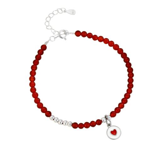 925 Sterling Silver Bangle Bracelet, with Red Agate, with 3CM extender chain, Heart, for woman & enamel, silver color, Length:Approx 16 cm, Sold By PC