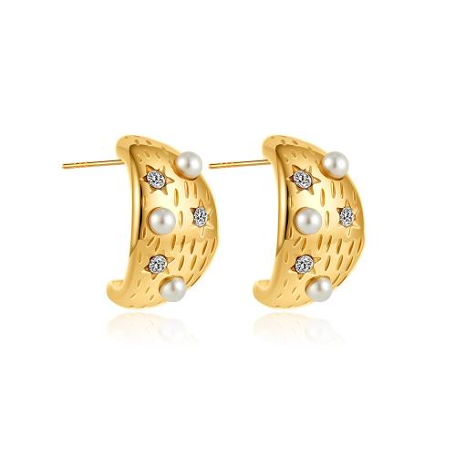 Stainless Steel Stud Earrings, 304 Stainless Steel, with Plastic Pearl, plated, micro pave cubic zirconia & for woman, gold, Sold By Pair