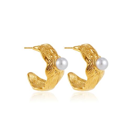 Stainless Steel Stud Earrings, 304 Stainless Steel, with Plastic Pearl, plated, for woman, gold, Sold By Pair