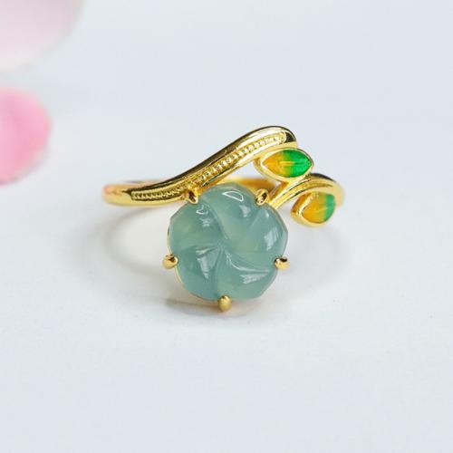 Jadeite Cuff Finger Ring, with Tibetan Style, Leaf, gold color plated, folk style & for woman & enamel, US Ring Size:6-8, Sold By PC