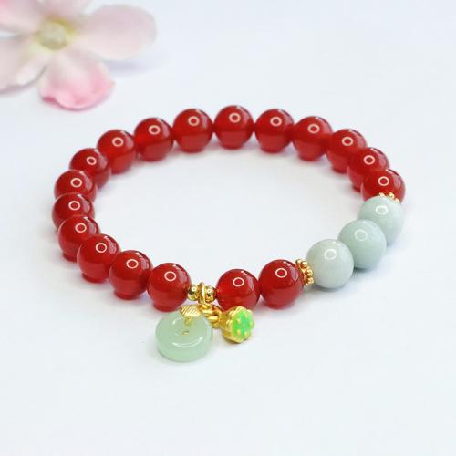 Red Agate Bracelet, with Jadeite & Brass, folk style & for woman, beads length 8mm, Length:Approx 6-8 Inch, Sold By PC