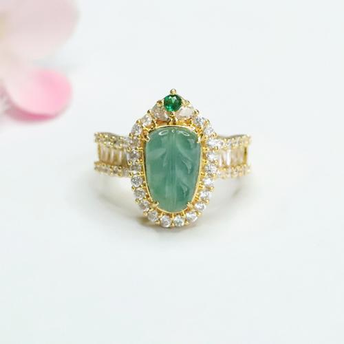 Jadeite Cuff Finger Ring, with Tibetan Style, Leaf, gold color plated, folk style & for woman & with rhinestone, Grade A, US Ring Size:6-8, Sold By PC