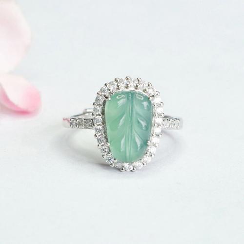 Jadeite Cuff Finger Ring, with Tibetan Style, Leaf, folk style & for woman & with rhinestone, Grade A, US Ring Size:6-8, Sold By PC