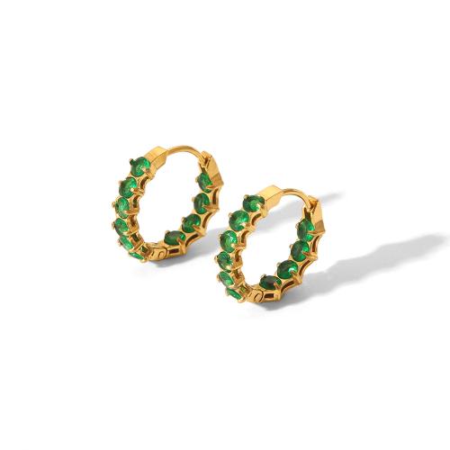 Stainless Steel Hoop Earring, 304 Stainless Steel, fashion jewelry & micro pave cubic zirconia & for woman, green, 17x19mm, Sold By Pair