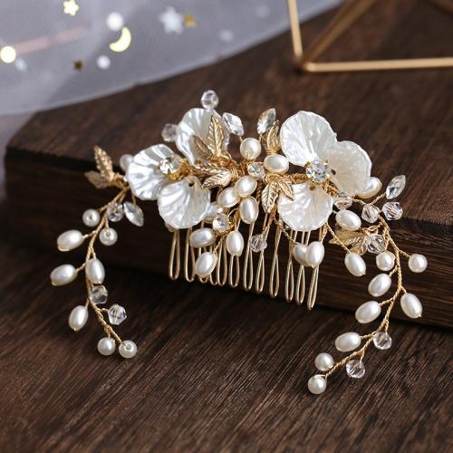 Decorative Hair Combs, Plastic Pearl, with brass wire & Crystal, fashion jewelry & for woman, golden, 55x170mm, Sold By PC