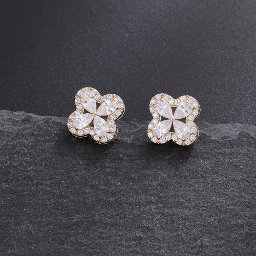 Boucles d'oreilles en laiton zircon cubique pavent, Trèfle à quatre feuilles, bijoux de mode & pavé de micro zircon & pour femme, doré, 11x11mm, Vendu par paire