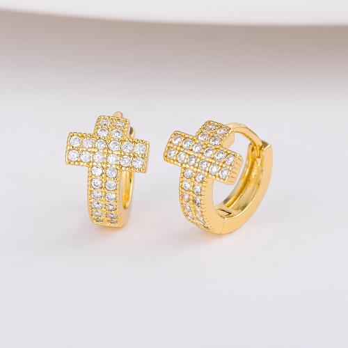 Cubic Zirconia Micro Pave Brass Earring, Cross, fashion jewelry & Unisex & micro pave cubic zirconia, golden, 12x8mm, Sold By Pair