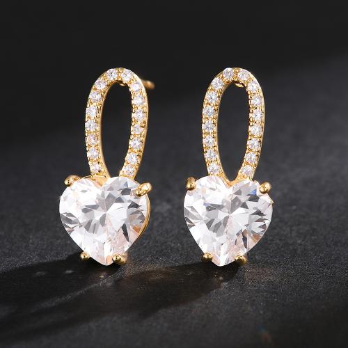 Cubic Zirconia Micro Pave Brass Earring, Heart, fashion jewelry & micro pave cubic zirconia & for woman, golden, 20x9mm, Sold By Pair