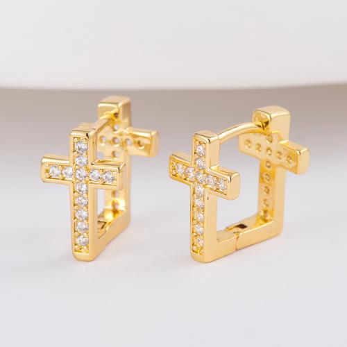 Boucles d'oreilles en laiton zircon cubique pavent, croix, bijoux de mode & unisexe & pavé de micro zircon, doré, 12x7mm, Vendu par paire