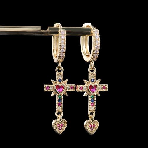 Cubic Zirconia Micro Pave Brass Earring, Cross, fashion jewelry & Unisex & micro pave cubic zirconia, more colors for choice, 36x13mm, Sold By Pair