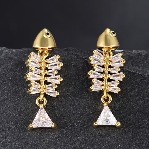 Boucles d'oreilles en laiton zircon cubique pavent, Squelette de poisson, bijoux de mode & pavé de micro zircon & pour femme, doré, 26x10mm, Vendu par paire