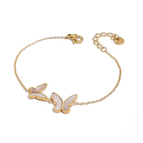 Stainless Steel Jewelry Bracelet, 304 Stainless Steel, with Shell, with 5cm extender chain, Butterfly, fashion jewelry & for woman, golden, Length:Approx 17 cm, Sold By PC