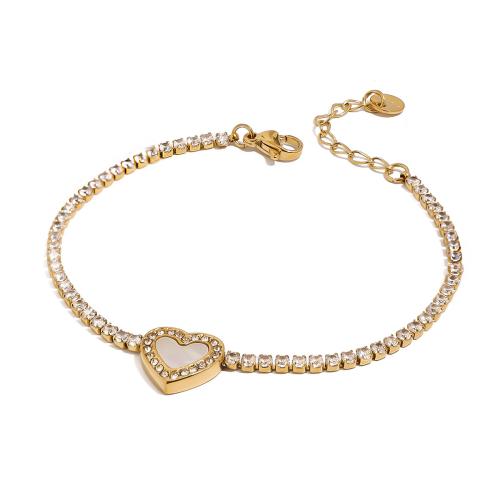 Stainless Steel Jewelry Bracelet, 304 Stainless Steel, Heart, Vacuum Ion Plating, fashion jewelry & for woman & with rhinestone, golden, 11.10mm, Length:Approx 17 cm, Sold By PC