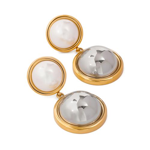 Stainless Steel Drop Earring, 304 Stainless Steel, with Plastic Pearl, Vacuum Ion Plating, fashion jewelry & for woman, golden, 38.60mm, Sold By Pair