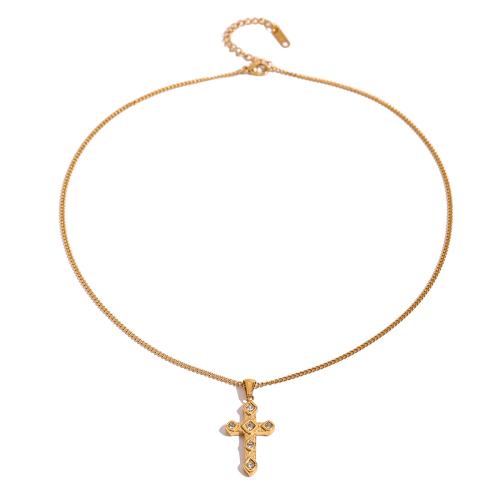 Stainless Steel Jewelry Necklace, 304 Stainless Steel, with 5cm extender chain, Cross, fashion jewelry & for woman & with rhinestone, golden, 38.30mm, Length:Approx 45 cm, Sold By PC