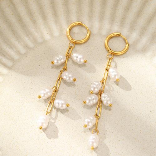 Huggie Hoop Drop Earring, 304 Stainless Steel, with Plastic Pearl, gold color plated, for woman, Sold By Pair