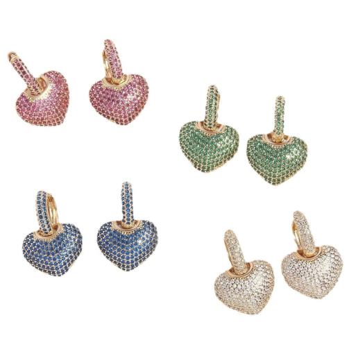 Boucles d'oreilles en laiton zircon cubique pavent, coeur, Placage de couleur d'or, bijoux de mode & pavé de micro zircon & pour femme, plus de couleurs à choisir, Vendu par paire