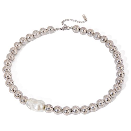 Stainless Steel Jewelry Necklace, 304 Stainless Steel, with Plastic Pearl, with 1.96 Inch extender chain, plated, fashion jewelry & for woman, original color, Length:15.74 Inch, Sold By PC