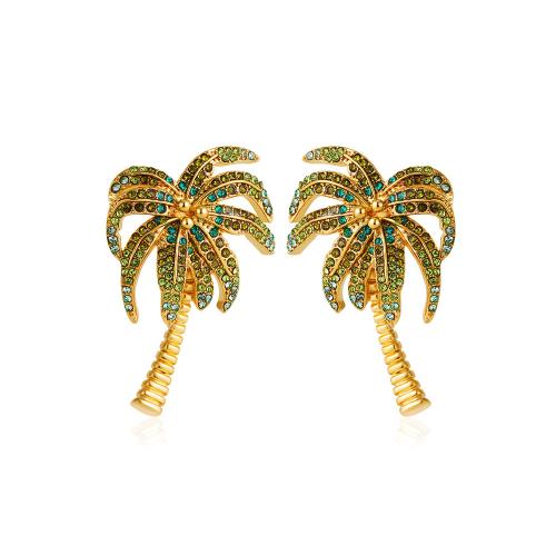 Befestiger Zirkonia Messing Ohrring, Palm Tree, plattiert, Micro pave Zirkonia & für Frau, Goldfarbe, verkauft von Paar