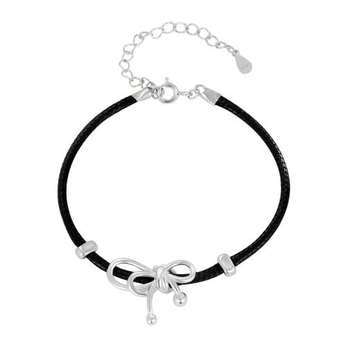 925 Sterling Silver Bangle Bracelet, with leather cord, with 3CM extender chain, Bowknot, for woman, black, Length:Approx 16 cm, Sold By PC