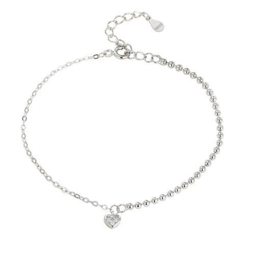 Sterling Silber Armbänder, 925 Sterling Silber, mit Verlängerungskettchen von 5CM, Herz, Micro pave Zirkonia & für Frau, Silberfarbe, Länge:ca. 15.5 cm, verkauft von PC