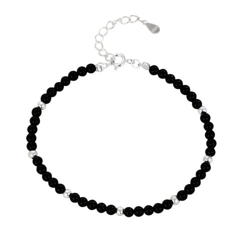 925 Sterling Silver Bangle Bracelet, with Black Agate, with 3CM extender chain, for woman, silver color, Length:Approx 16 cm, Sold By PC