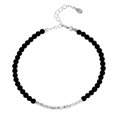 925 Sterling Silver Bangle Bracelet, with Black Agate, with 3CM extender chain, for woman, black, Length:Approx 16 cm, Sold By PC