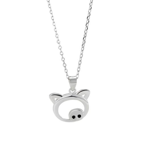 925 Sterling Silver Necklaces, with 5CM extender chain, Pig, for woman & enamel, silver color, Length:Approx 40 cm, Sold By PC