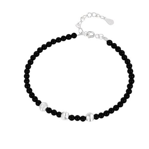 Pulseras de Plata Estelina, plata de ley 925, con Ágata negra, con 3CM extender cadena, para mujer, Negro, longitud:aproximado 16 cm, Vendido por UD