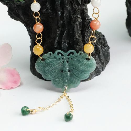 Collier bijoux de pierre gemme, jade, avec laiton, papillon, style folk & pour femme, grade A, pendant size 35x25mm, Longueur:Environ 18-20 pouce, Vendu par PC