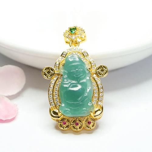 Gemstone Pendants Jewelry, Jadeite, with Brass, God of Wealth, folk style & DIY & with rhinestone, Grade A, 12x24mm, Sold By PC