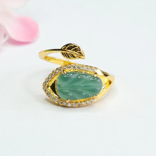 Jadeite Cuff Finger Ring, with Tibetan Style, Leaf, gold color plated, folk style & for woman & with rhinestone, US Ring Size:6-8, Sold By PC