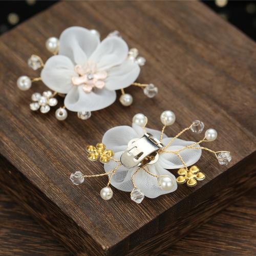 Fashion Decoration Flowers, Cloth, with brass wire & Plastic Pearl, 2 pieces & with rhinestone, white, 60x40mm, Sold By Set