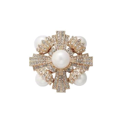 Tibetan Style Brooches, with Plastic Pearl, for woman & with rhinestone, golden, 48x48mm, Sold By PC