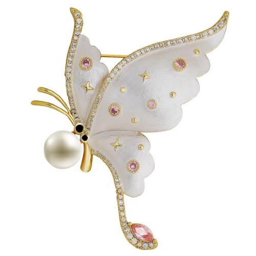 Tibetan Style Brooches, with Plastic Pearl, Butterfly, for woman & with rhinestone, white, 60x40mm, Sold By PC