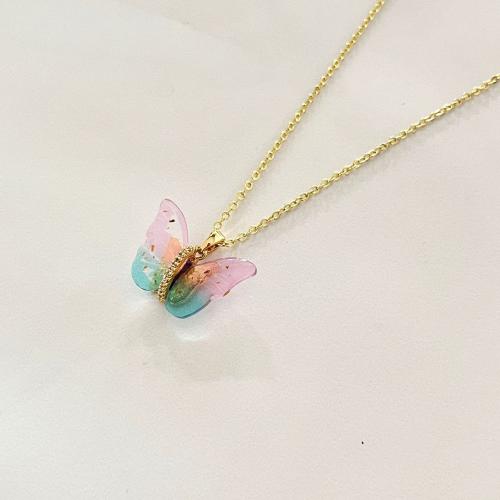 Tibetan Style Jewelry Necklace, with Resin, Butterfly, fashion jewelry & micro pave cubic zirconia & for woman & epoxy gel, more colors for choice, Length:Approx 45 cm, Sold By PC