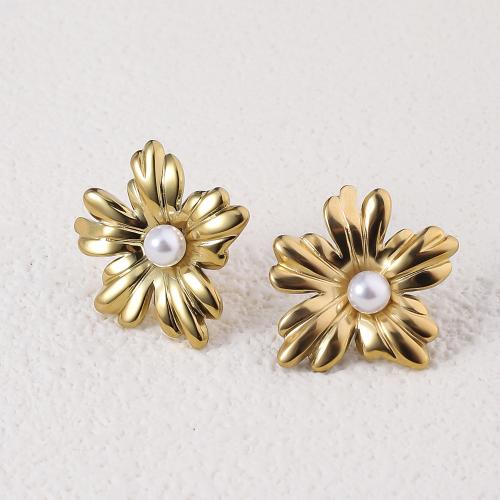 Stainless Steel Stud Earrings, 304 Stainless Steel, with Plastic Pearl, Flower, 18K gold plated, fashion jewelry & for woman, golden, 25x23mm, Sold By Pair