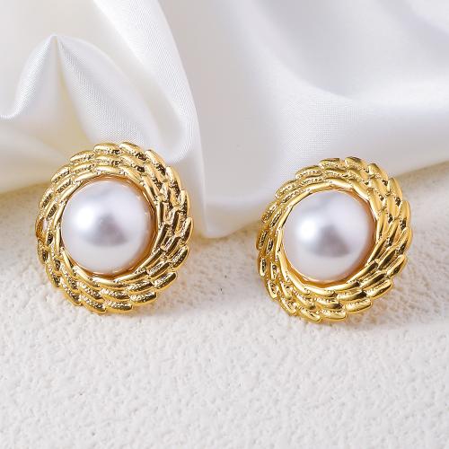 Stainless Steel Stud Earrings, 304 Stainless Steel, with Plastic Pearl, fashion jewelry & for woman, golden, 21mm, Sold By Pair