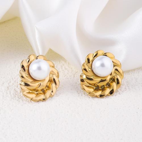 Stainless Steel Stud Earrings, 304 Stainless Steel, with Plastic Pearl, 18K gold plated, fashion jewelry & for woman, golden, 23x21mm, Sold By Pair