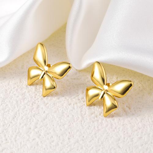 Stainless Steel Stud Earrings, 304 Stainless Steel, Butterfly, 18K gold plated, fashion jewelry & for woman, golden, 17x20mm, Sold By Pair