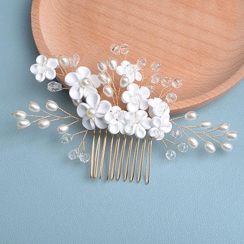 Decorative Hair Combs, Plastic Pearl, with brass wire & Polymer Clay & Crystal, fashion jewelry & for woman, golden, 140x90x30mm, Sold By PC