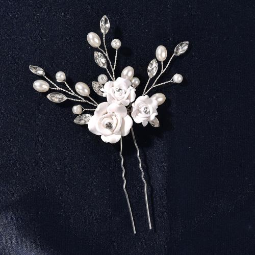 Hair Stick, Plastic Pearl, with brass wire, fashion jewelry & for woman & with rhinestone, silver color, 110x70mm, Sold By PC