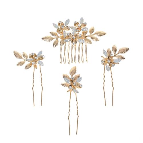 Mixed Hair Accessories, Tibetan Style, hair comb & hair stick, with Rhinestone, 4 pieces & fashion jewelry & for woman, golden, Hair comb 7 * 6cm, hairpin 9 * 2cm, Sold By Set