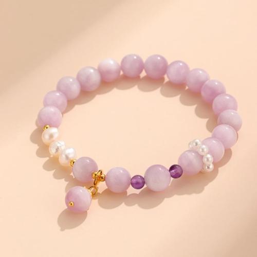 Gemstone Bracelets, Kunzite, with Shell Pearl & Freshwater Pearl & Amethyst, fashion jewelry & for woman, purple, beads:8mm and 6mm, Inner Diameter:Approx 53mm, Sold By PC