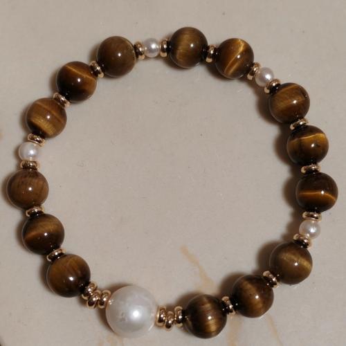 Natural Tiger Eye Bracelets, with Shell Pearl, Round, fashion jewelry & Unisex, Length:18 cm, Sold By PC